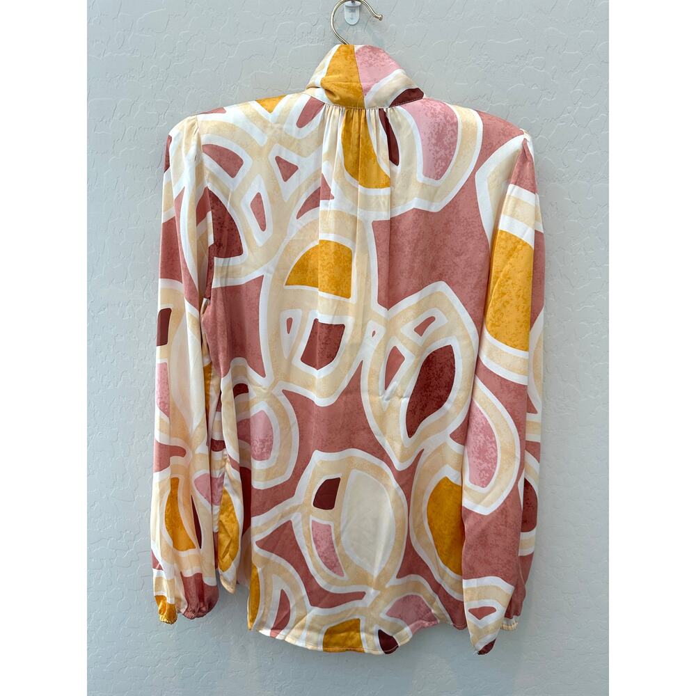 Maison d’Amélie Abstract Print Tie Neck Blouse Puff Sleeve Pink NWT Small - Picture 5 of 9